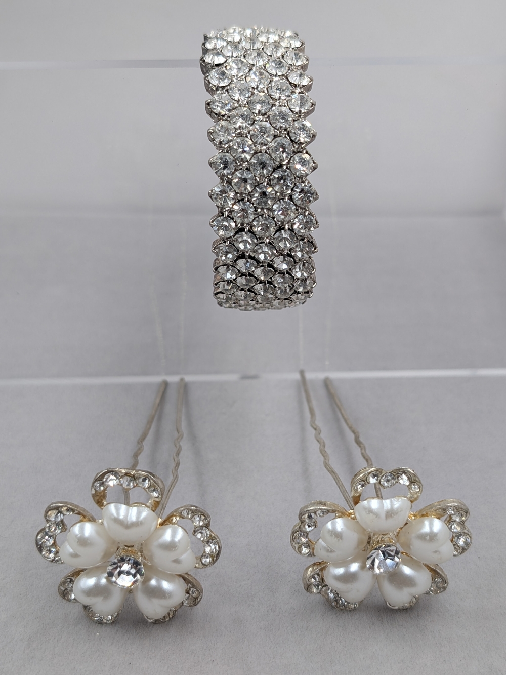 Rhinestone Barrette & Pearl Flower Hair Pin Set Bridal Formal | 0935